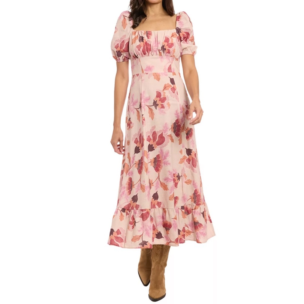 London Times Midi Dress Women 14 Floral Pink  Square Neck Puff Sleeve New